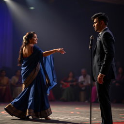 A captivating scene of Aisha stepping onto the stage in a flowing midnight blue saree, the fabric fluttering elegantly as she turns to extend her hand towards a junior who joins her