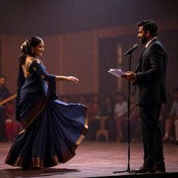 A captivating scene of Aisha stepping onto the stage in a flowing midnight blue saree, the fabric fluttering elegantly as she turns to extend her hand towards a junior who joins her