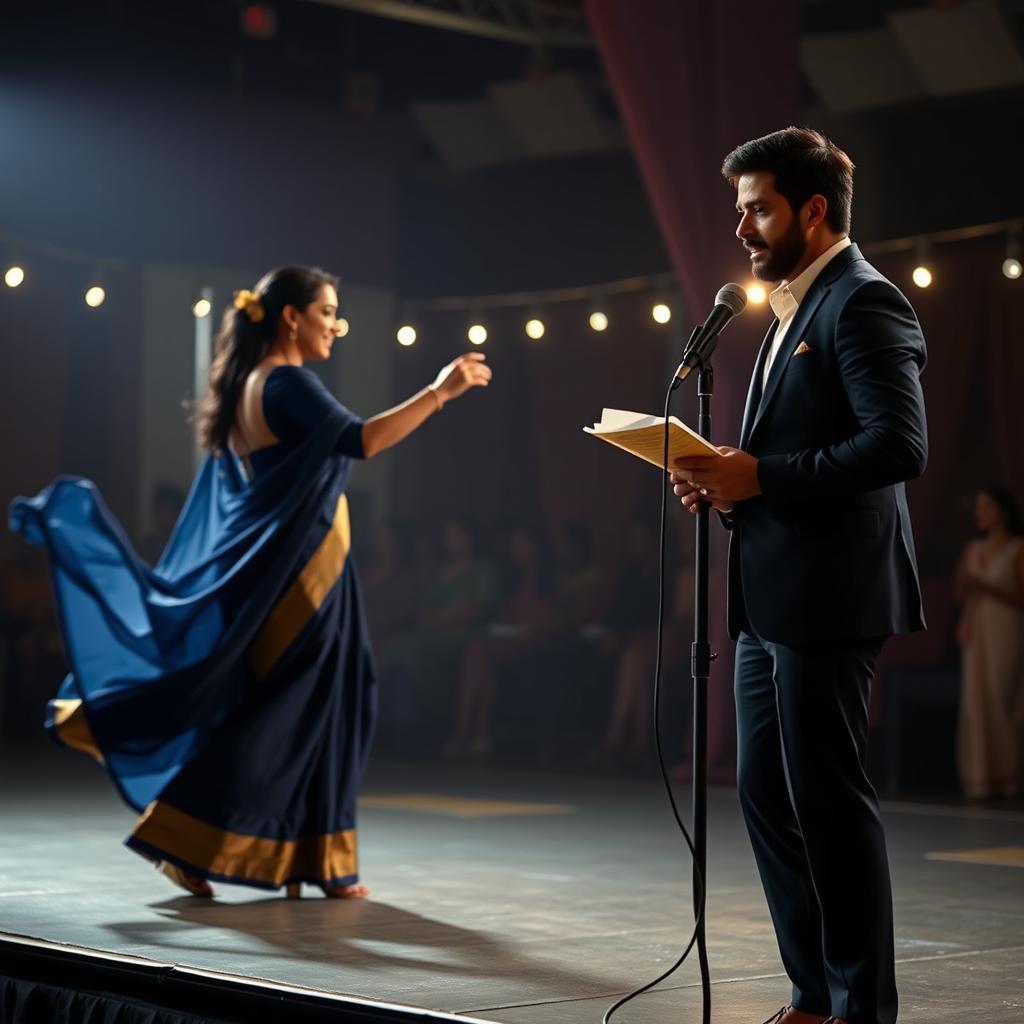 A captivating scene of Aisha stepping onto the stage in a flowing midnight blue saree, the fabric fluttering elegantly as she turns to extend her hand towards a junior who joins her