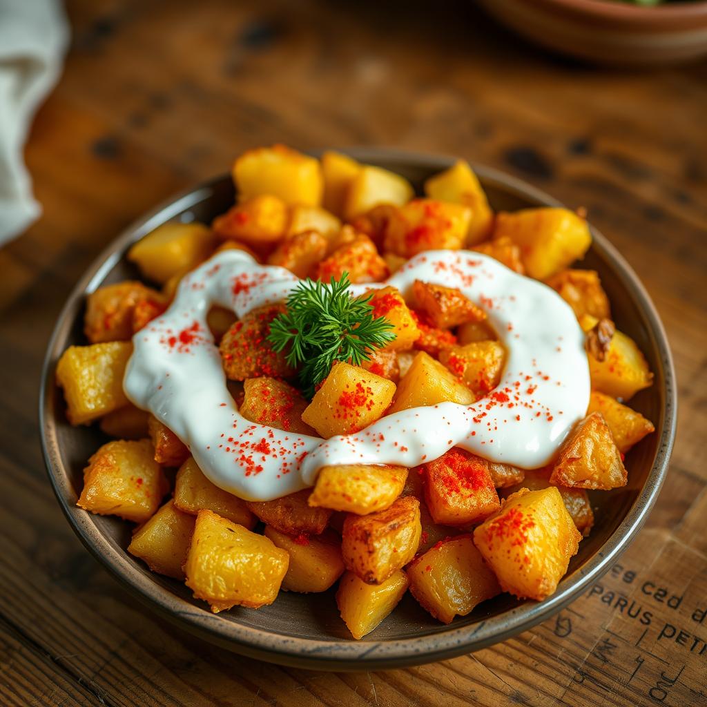 An enticing plate of boiled potatoes, perfectly crushed and golden fried, glistening with a vibrant sprinkle of paprika