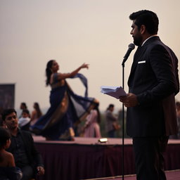 A poignant scene of Aisha standing gracefully on stage in a flowing midnight blue saree, her movements fluid and enchanting as she extends her hand to a junior partner who joins her