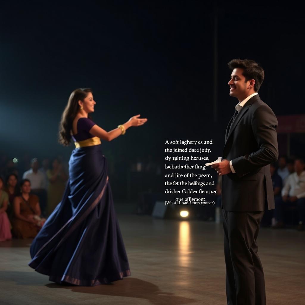 A poignant scene of Aisha standing gracefully on stage in a flowing midnight blue saree, her movements fluid and enchanting as she extends her hand to a junior partner who joins her