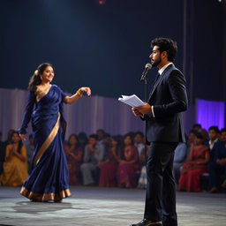 A poignant scene of Aisha standing gracefully on stage in a flowing midnight blue saree, her movements fluid and enchanting as she extends her hand to a junior partner who joins her