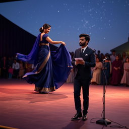 A poignant scene of Aisha standing gracefully on stage in a flowing midnight blue saree, her movements fluid and enchanting as she extends her hand to a junior partner who joins her