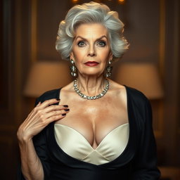 A stunning 65-year-old woman elegantly dressed in mourning attire, confidently showcasing her ample décolletage