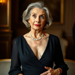 A captivating 65-year-old woman elegantly dressed in mourning attire, showcasing an alluring decolletage
