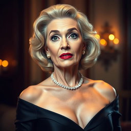 A captivating 65-year-old woman elegantly dressed in mourning attire, showcasing an alluring decolletage