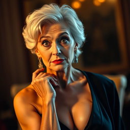 A captivating 65-year-old woman elegantly dressed in mourning attire, showcasing an alluring decolletage