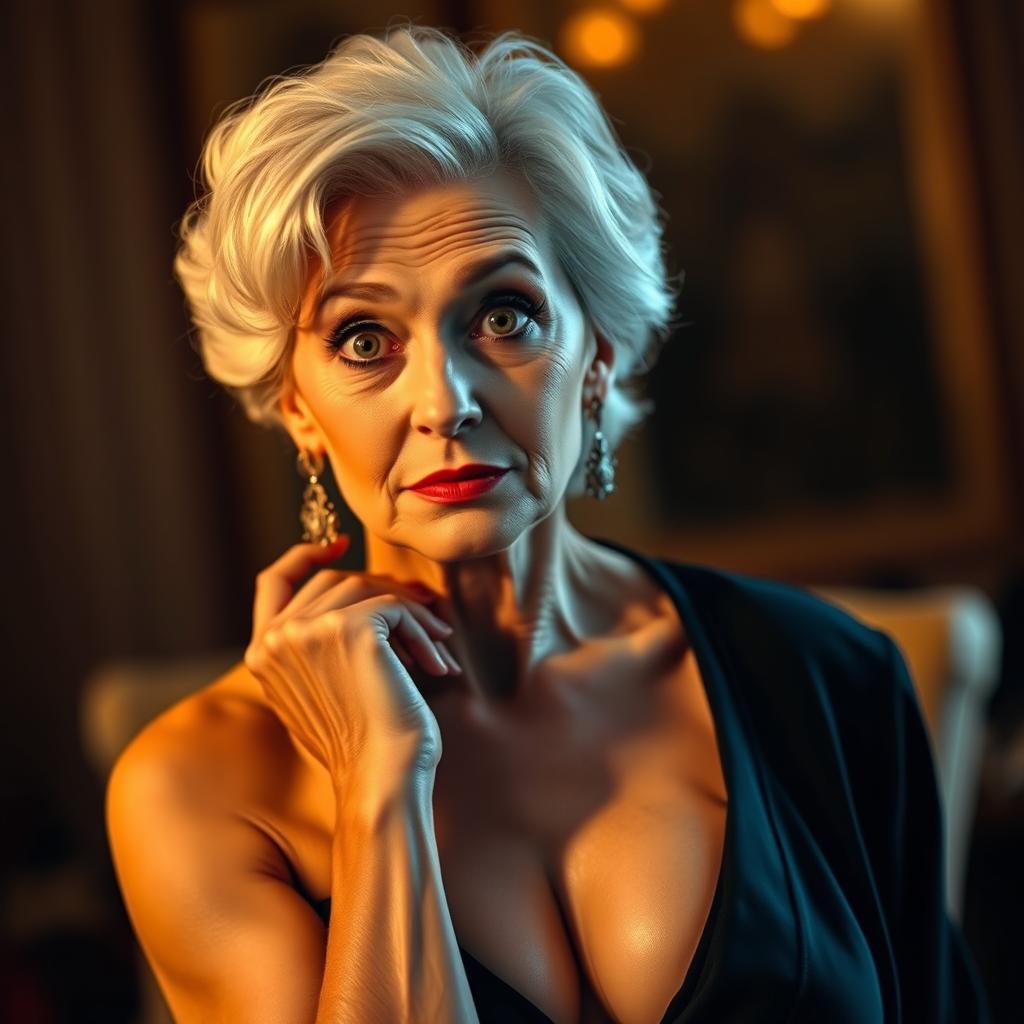 A captivating 65-year-old woman elegantly dressed in mourning attire, showcasing an alluring decolletage