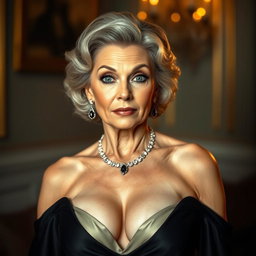 A captivating 65-year-old woman elegantly dressed in mourning attire, showcasing an alluring decolletage