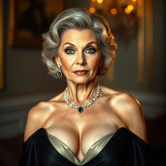 A captivating 65-year-old woman elegantly dressed in mourning attire, showcasing an alluring decolletage