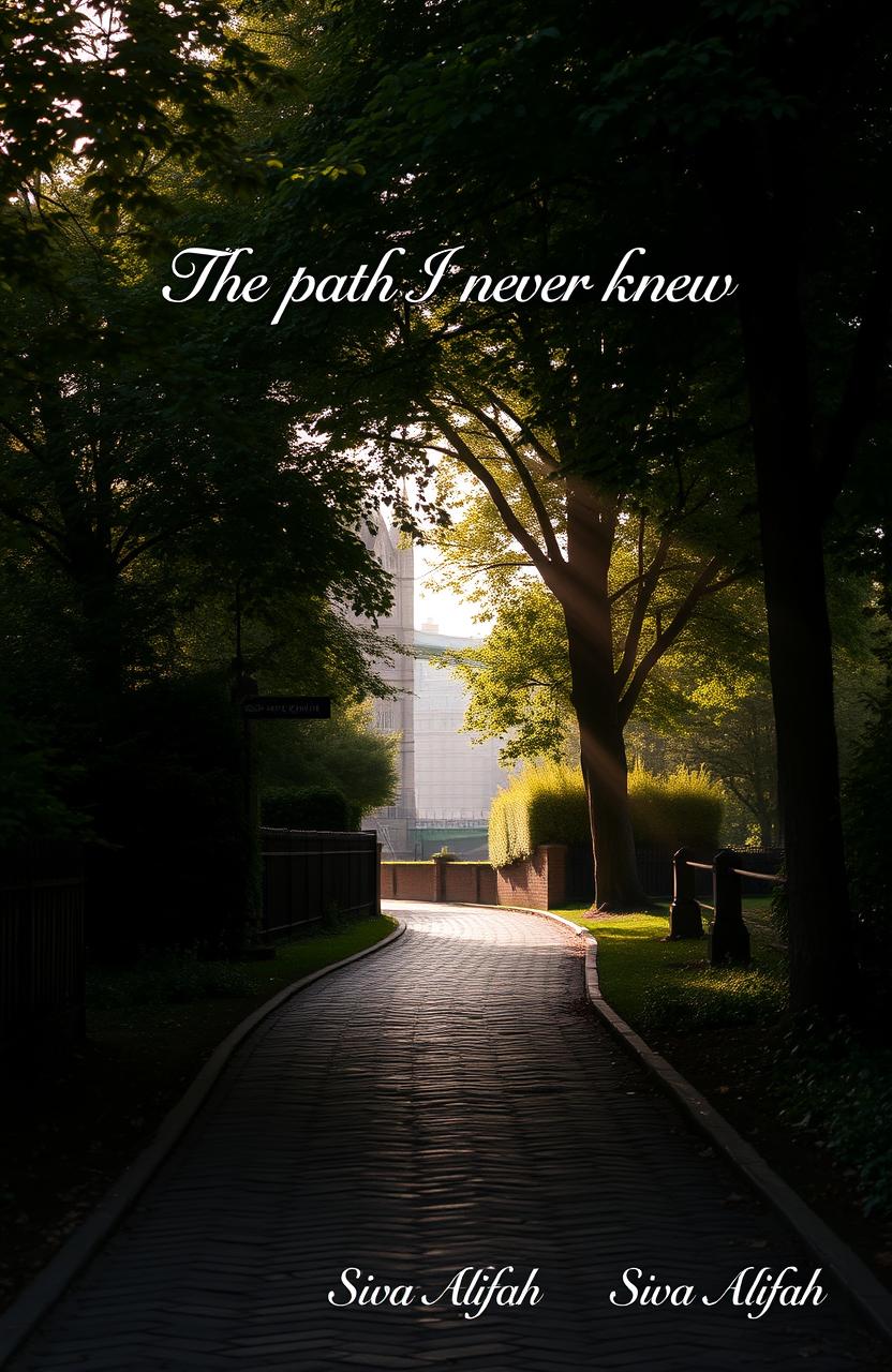 A picturesque scene in London, capturing a serene, winding cobblestone path surrounded by lush greenery and historical architecture