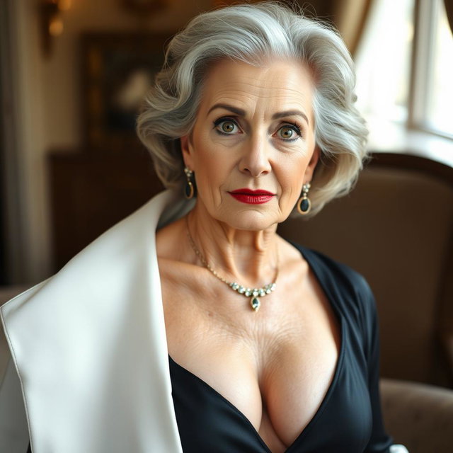 A striking 65-year-old woman in stylish mourning attire, showcasing a prominent and alluring décolletage
