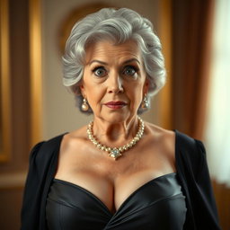 A striking 65-year-old woman in stylish mourning attire, showcasing a prominent and alluring décolletage