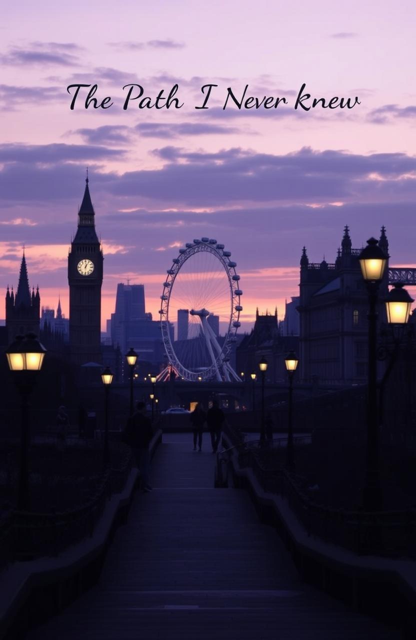 A captivating view of London cityscape under twilight, showcasing iconic landmarks like the Big Ben, the London Eye, and the Tower Bridge, with a dreamy atmosphere that conveys a sense of nostalgia and mystery