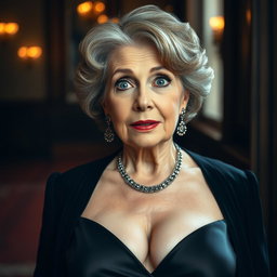 An attractive 65-year-old woman dressed in elegant mourning attire, prominently displaying her voluptuous décolletage