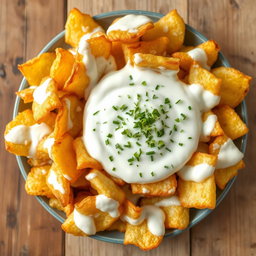 Irregularly shaped fried potato chips fully immersed and coated from all sides in a creamy yogurt sauce mixed with finely chopped dill, showcasing the textural contrast of crispy chips against the smooth, flavorful sauce