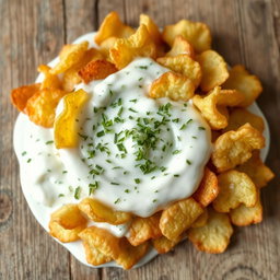 Irregularly shaped fried potato chips fully immersed and coated from all sides in a creamy yogurt sauce mixed with finely chopped dill, showcasing the textural contrast of crispy chips against the smooth, flavorful sauce