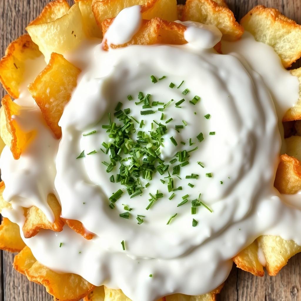 Irregularly shaped fried potato chips fully immersed and coated from all sides in a creamy yogurt sauce mixed with finely chopped dill, showcasing the textural contrast of crispy chips against the smooth, flavorful sauce