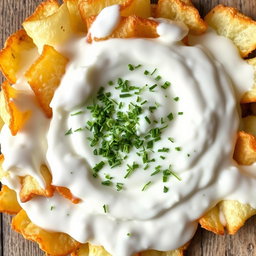 Irregularly shaped fried potato chips fully immersed and coated from all sides in a creamy yogurt sauce mixed with finely chopped dill, showcasing the textural contrast of crispy chips against the smooth, flavorful sauce