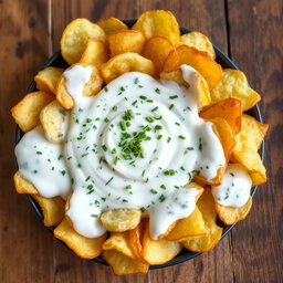 Irregularly shaped fried potato chips fully immersed and coated from all sides in a creamy yogurt sauce mixed with finely chopped dill, showcasing the textural contrast of crispy chips against the smooth, flavorful sauce