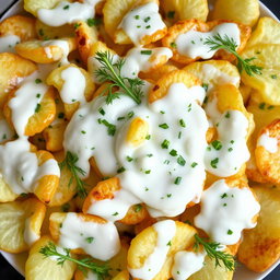 Irregularly shaped potato chips completely coated and drenched in a creamy yogurt sauce mixed with chopped dill, creating a visually appealing and delicious snack display