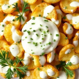 Irregularly shaped potato chips completely coated and drenched in a creamy yogurt sauce mixed with chopped dill, creating a visually appealing and delicious snack display