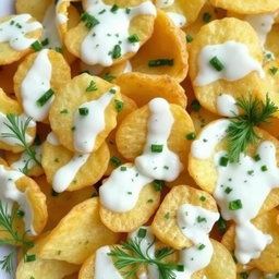 Irregularly shaped potato chips completely coated and drenched in a creamy yogurt sauce mixed with chopped dill, creating a visually appealing and delicious snack display