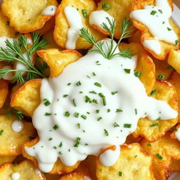Irregularly shaped potato chips completely coated and drenched in a creamy yogurt sauce mixed with chopped dill, creating a visually appealing and delicious snack display