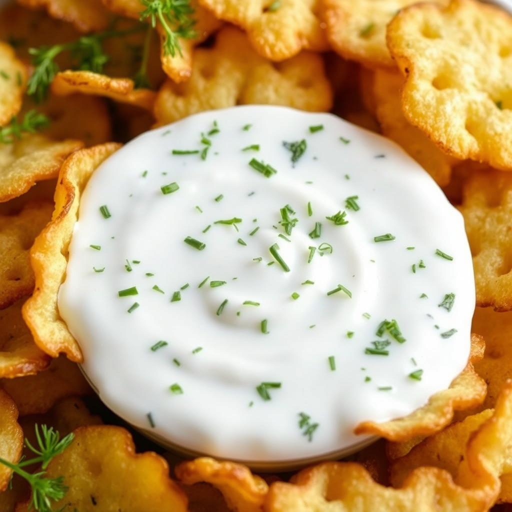 Irregularly shaped fried potato chips fully dipped in a creamy yogurt sauce mixed with finely chopped dill, showcasing a glossy and appetizing appearance