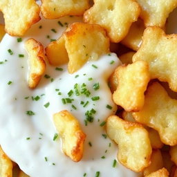 Irregularly shaped fried potato chips fully dipped in a creamy yogurt sauce mixed with finely chopped dill, showcasing a glossy and appetizing appearance