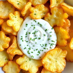 Irregularly shaped fried potato chips fully dipped in a creamy yogurt sauce mixed with finely chopped dill, showcasing a glossy and appetizing appearance