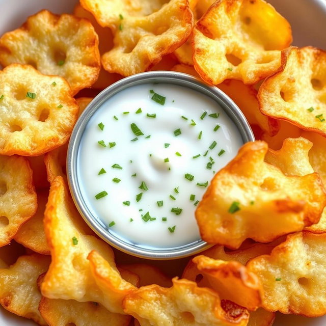 Irregularly shaped fried potato chips fully dipped in a creamy yogurt sauce mixed with finely chopped dill, showcasing a glossy and appetizing appearance