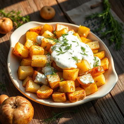 A beautifully arranged dish of roasted potato salad with yogurt and dill on a rustic wooden table