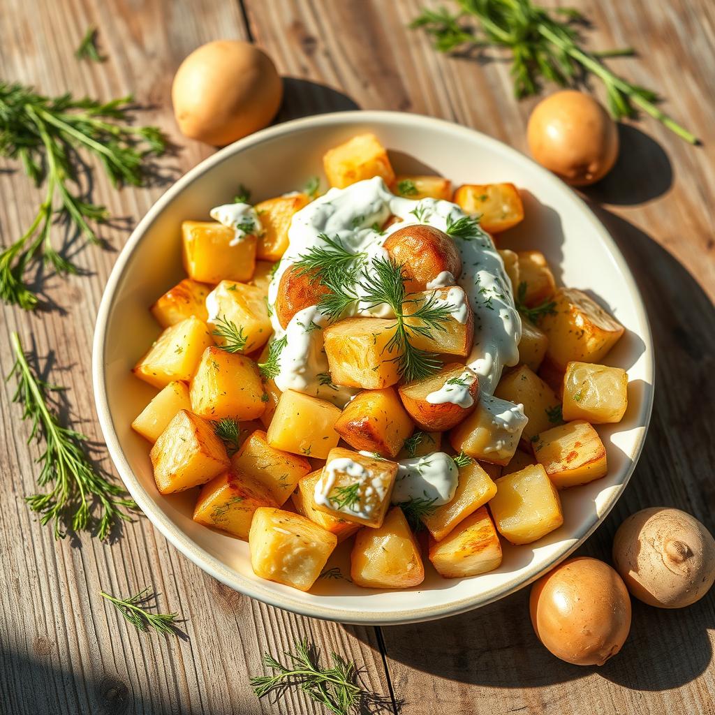 A beautifully arranged dish of roasted potato salad with yogurt and dill on a rustic wooden table