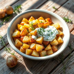 A beautifully arranged dish of roasted potato salad with yogurt and dill on a rustic wooden table
