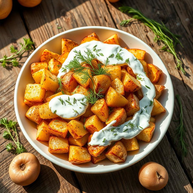 A beautifully arranged dish of roasted potato salad with yogurt and dill on a rustic wooden table