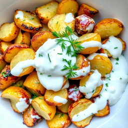 A vibrant and colorful salad featuring roasted and fried potatoes mixed with creamy yogurt and fresh dill