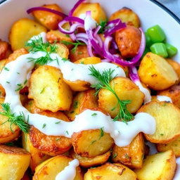 A vibrant and colorful salad featuring roasted and fried potatoes mixed with creamy yogurt and fresh dill