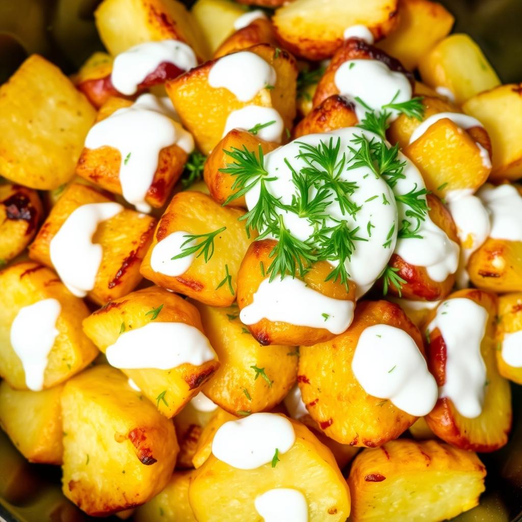 A vibrant and colorful salad featuring roasted and fried potatoes mixed with creamy yogurt and fresh dill