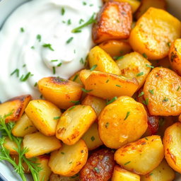A vibrant and colorful salad featuring roasted and fried potatoes mixed with creamy yogurt and fresh dill