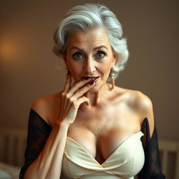 A beautiful 65-year-old woman dressed sexy, showing a deep neckline that emphasizes her large breasts