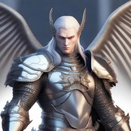 A high-quality digital art piece featuring a half-elf paladin of Bahamut, adorned in chainmail armor and proudly displaying the holy symbol of Bahamut