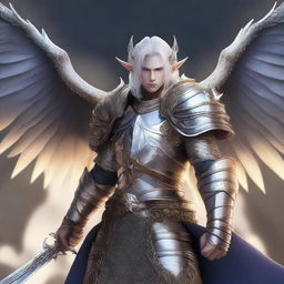 A high-quality digital art piece featuring a half-elf paladin of Bahamut, adorned in chainmail armor and proudly displaying the holy symbol of Bahamut