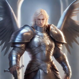 A high-quality digital art piece featuring a half-elf paladin of Bahamut, adorned in chainmail armor and proudly displaying the holy symbol of Bahamut