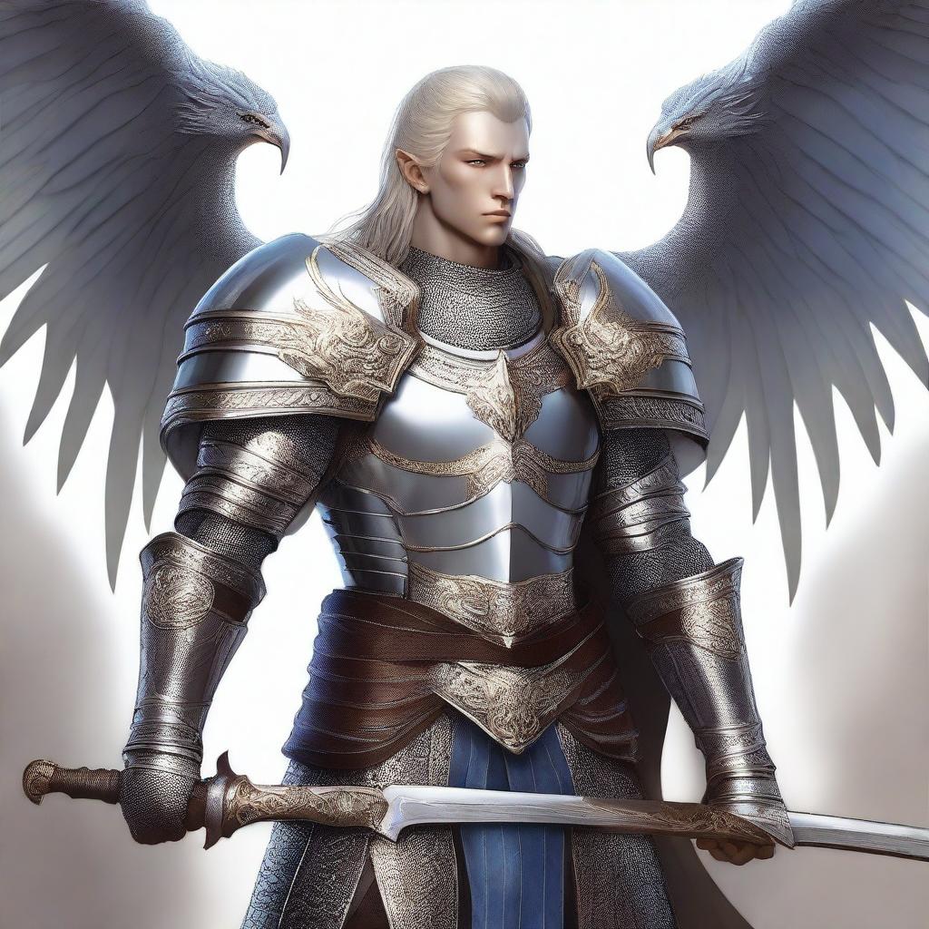 A high-quality digital art piece featuring a half-elf paladin of Bahamut, adorned in chainmail armor and proudly displaying the holy symbol of Bahamut