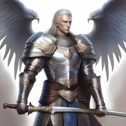 A high-quality digital art piece featuring a half-elf paladin of Bahamut, adorned in chainmail armor and proudly displaying the holy symbol of Bahamut