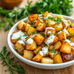 A vibrant salad featuring roasted, crispy potatoes, tossed together with a creamy yogurt dressing infused with fresh dill