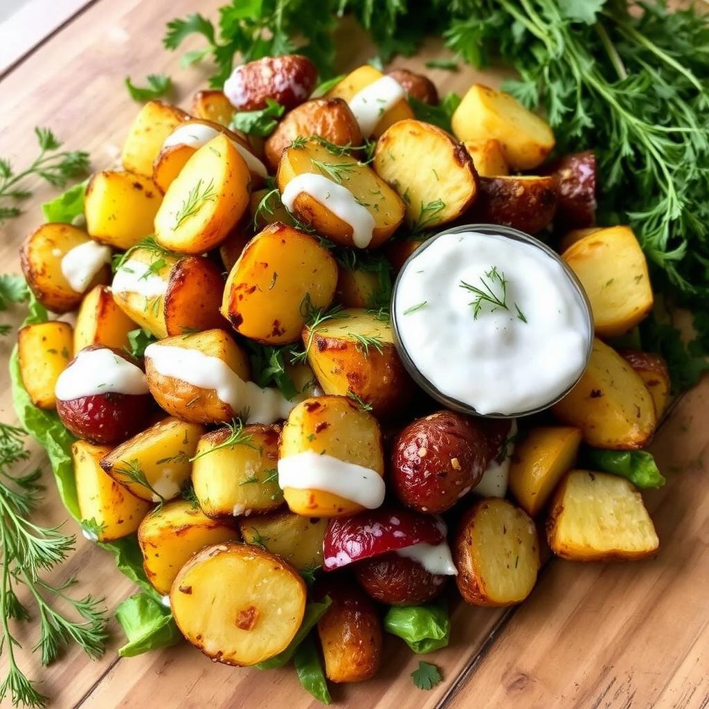 A vibrant salad featuring roasted, crispy potatoes, tossed together with a creamy yogurt dressing infused with fresh dill