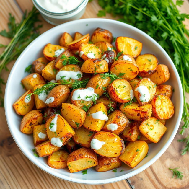 A vibrant salad featuring roasted, crispy potatoes, tossed together with a creamy yogurt dressing infused with fresh dill